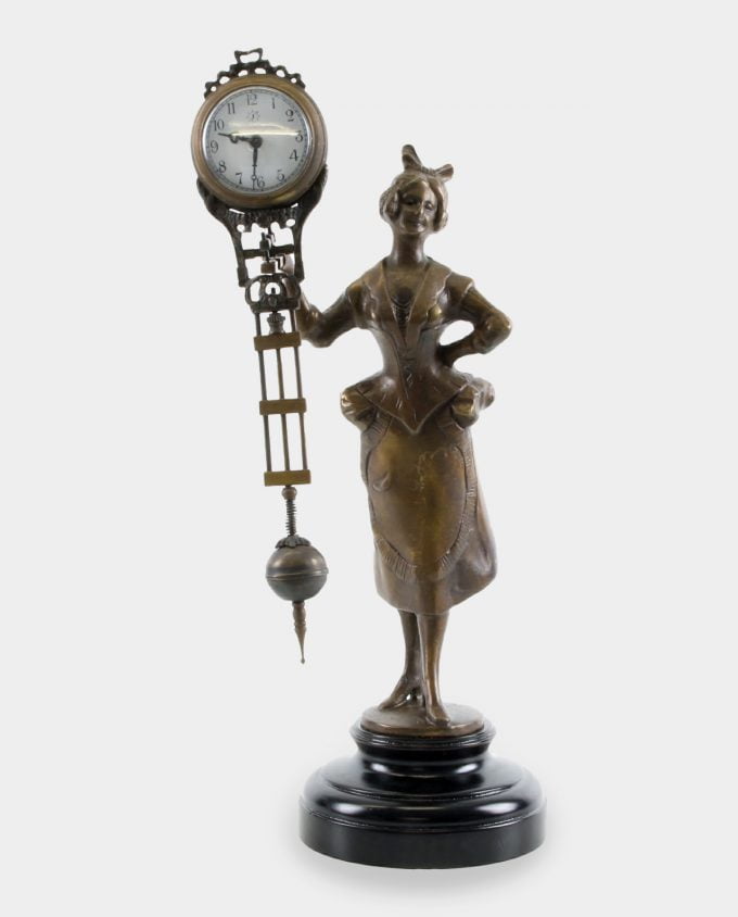 Figura Kobiety w Sukni z Zegarem Rzeźba z Brązu