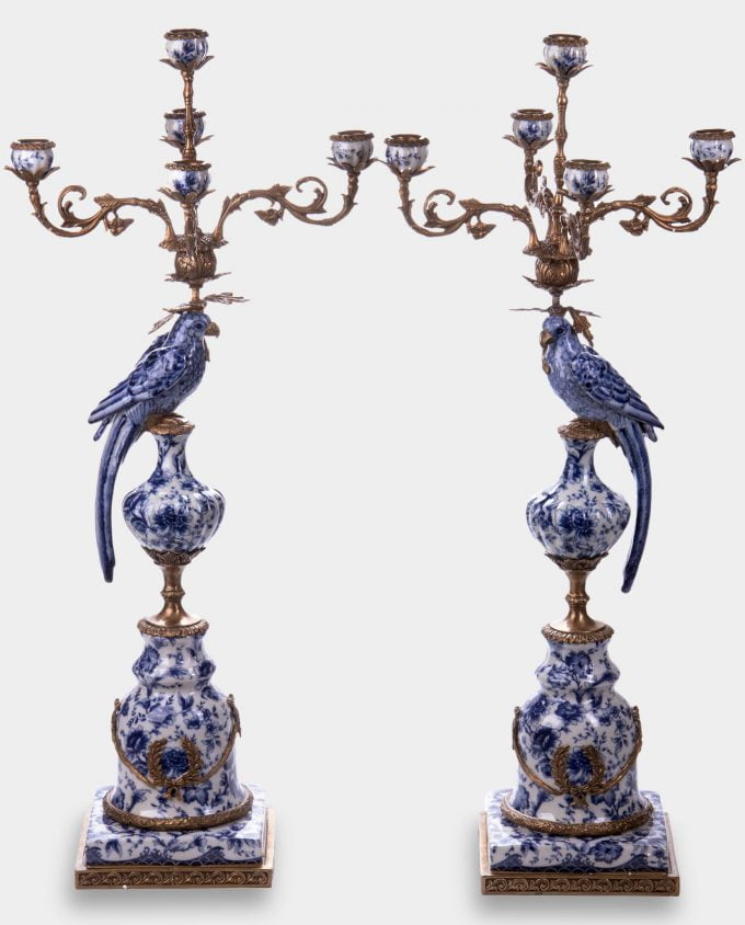 Porcelanowe Świeczniki z Papugami Niebieskie