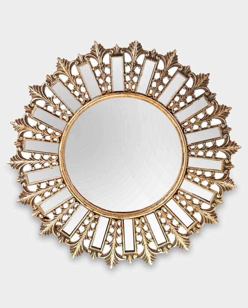 okrągłe lustro dekoracyjne ze złotą ramą