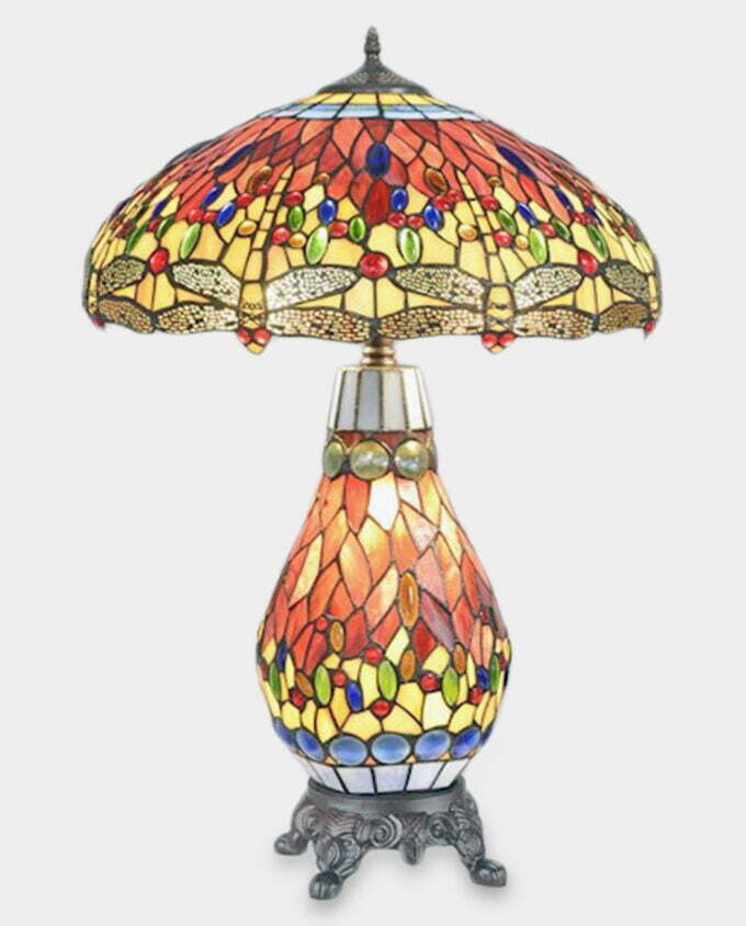 Lampa Witrażowa w Stylu Tiffany ze Świecącą Podstawą Ważka Pomarańczowa