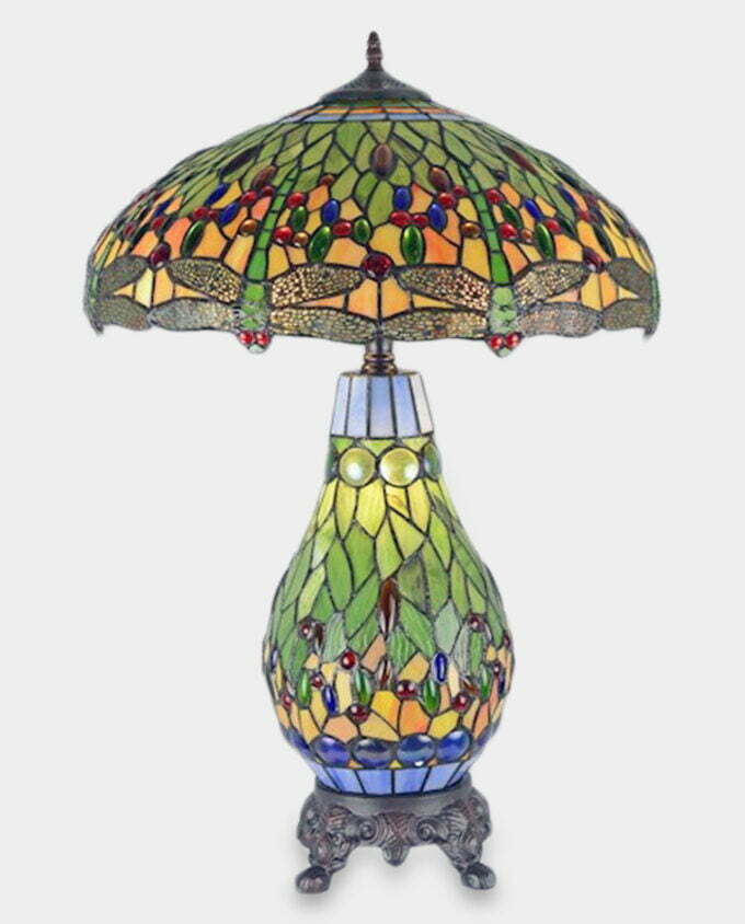 Lampa Witrażowa w Stylu Tiffany ze Świecącą Podstawą Ważka Zielona