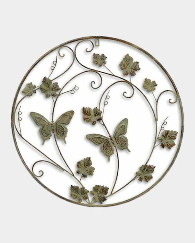 Metalowy Panel Ścienny Ażurowy Okrągły Motyle i Winorośl