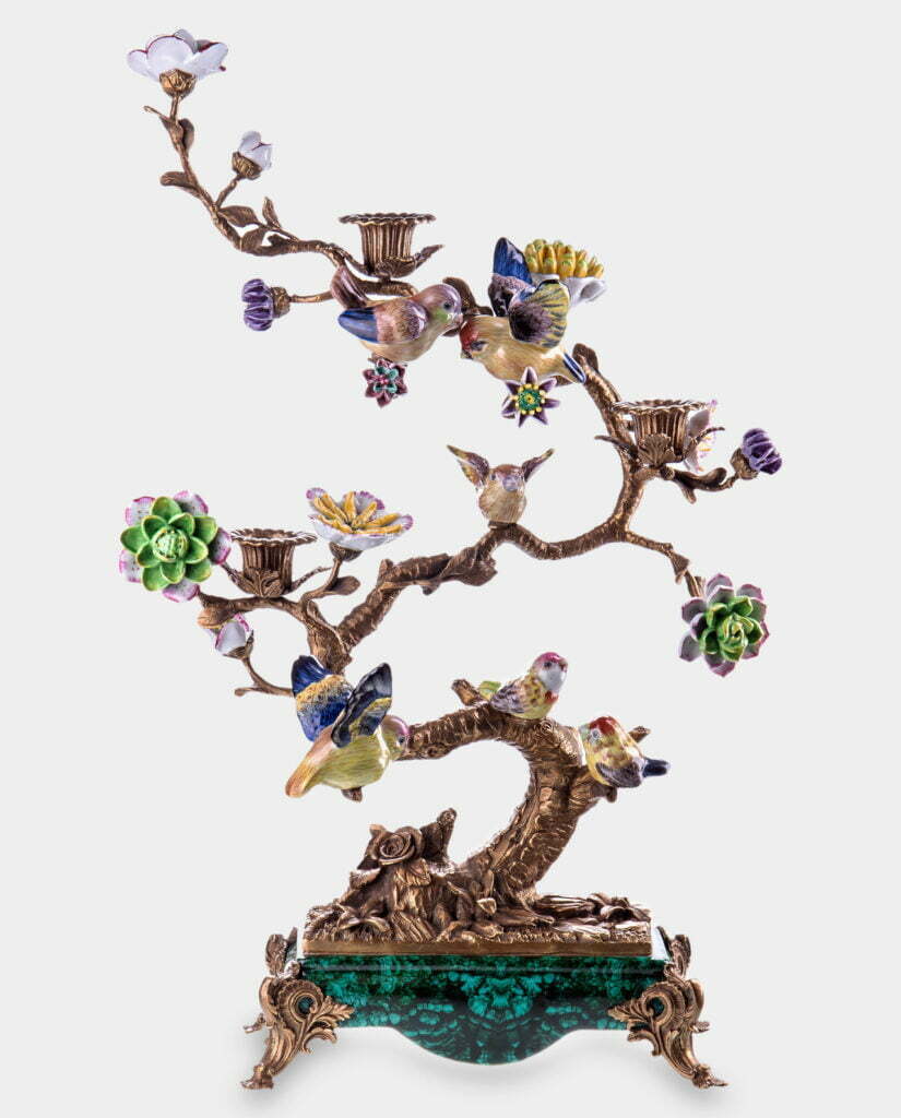 Świecznik Kwitnące Drzewo z Ptakami Brąz i Porcelana