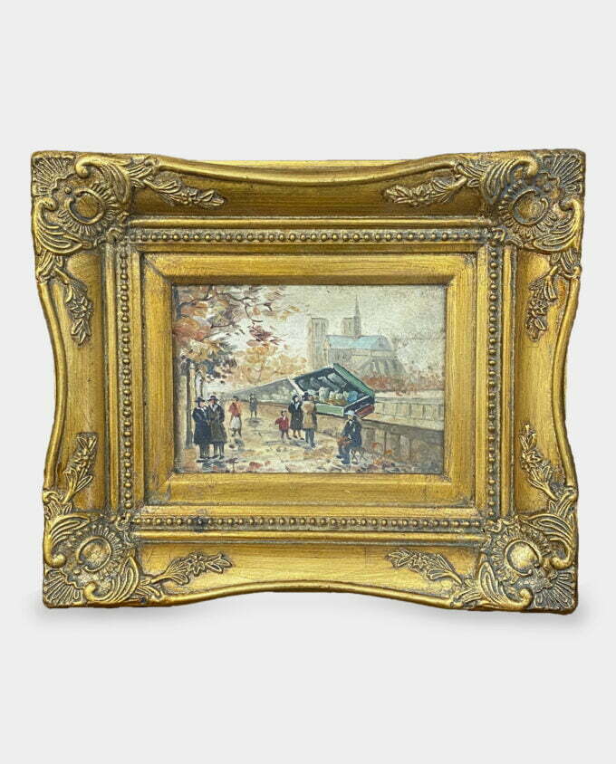Mały Obraz Olejny Pejzaż Miejski Paryż Jesienią Dzieło w Złotej Ramie