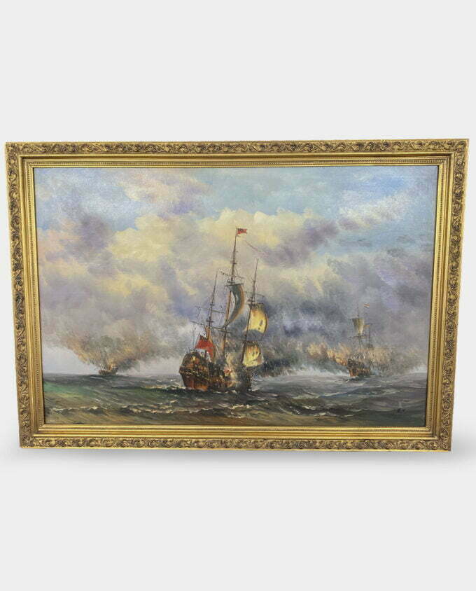 Obraz Olejny Żaglowce Bitwa Morska Statki w Złotej Ramie
