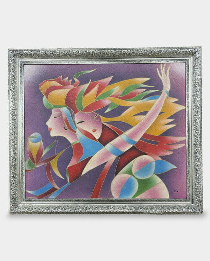 Abstrakcyjny Obraz Olejny na Płótnie Kubistyczne Kobiety w Srebrnej Ramie