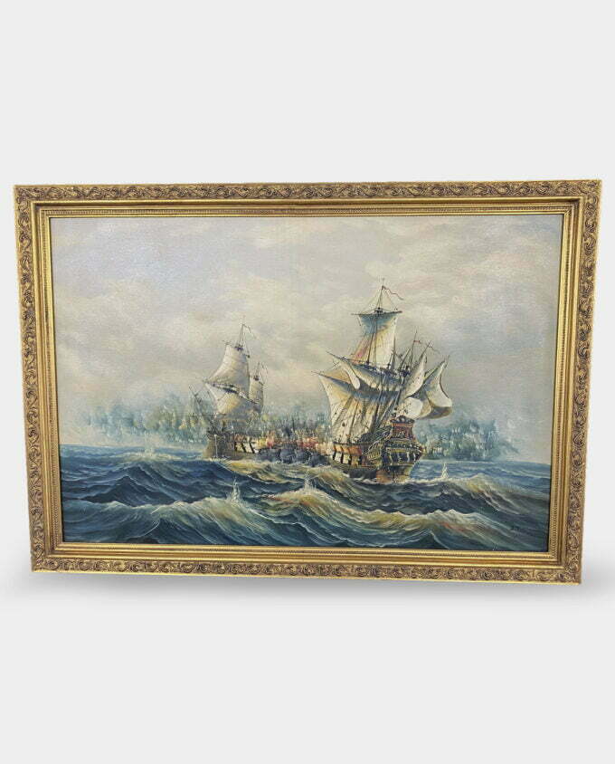 Obraz Olejny Żaglowce Bitwa Statków na Morzu Złota Rama