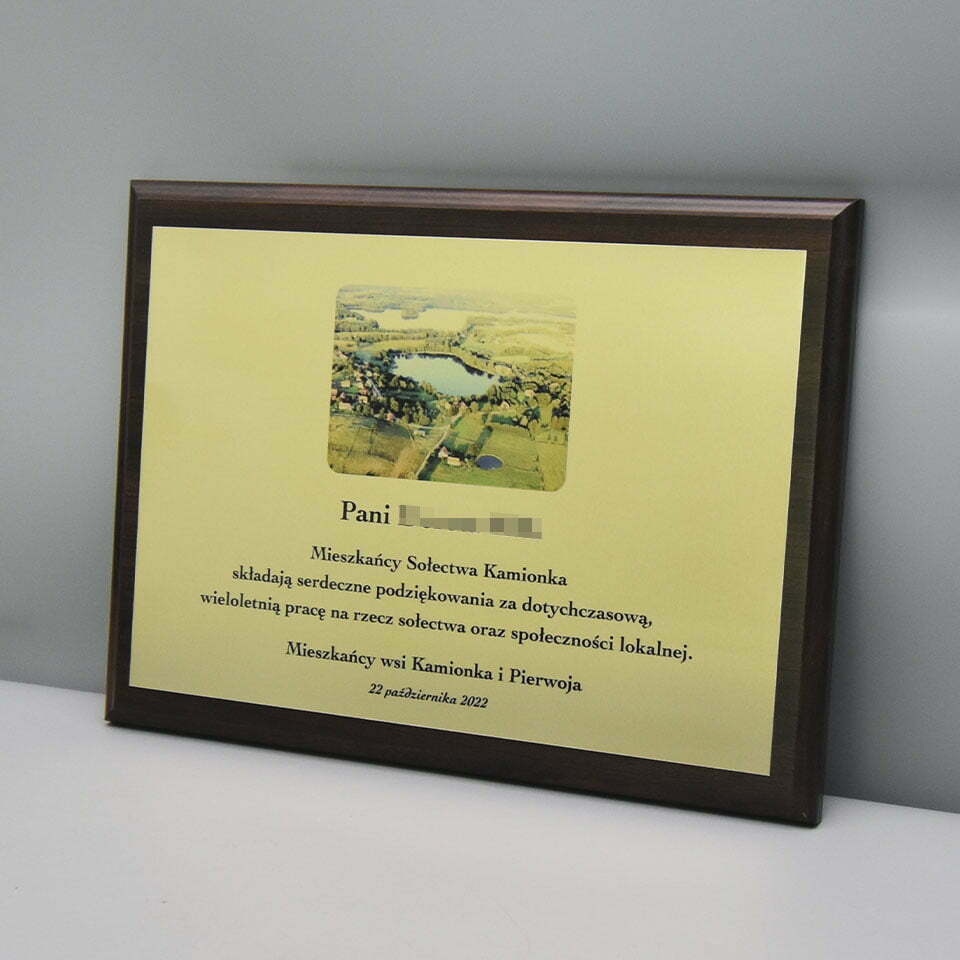 Grawerowana Tabliczka na Drewnianym Tablo Dyplom z Dedykacją Podziękowania dla Sołtyski
