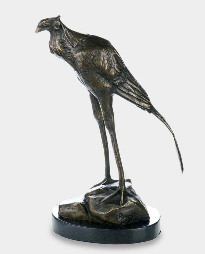 Ptak Drapieżny Sekretarz Rzeźba z Brązu na Marmurze
