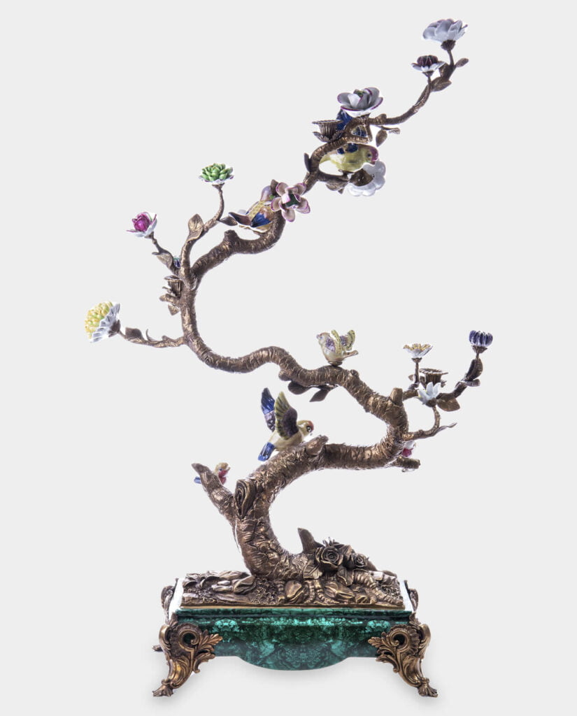 Duży Świecznik Kwitnące Drzewo z Ptakami z Brązu i Porcelany