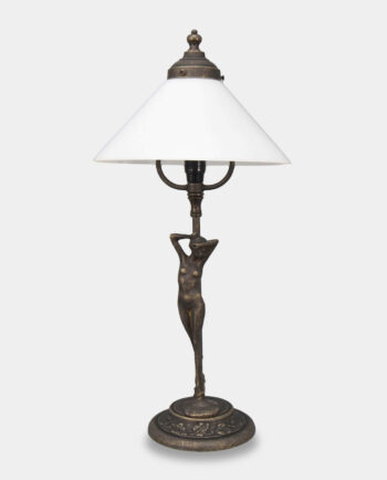 Lampa Art Deco z Figurą Kobiety i Trójkątnym Kloszem mosiężna Vintage