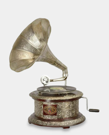 Gramofon Dekoracyjny w Stylu Retro na Okrągłej Podstawie Srebrny