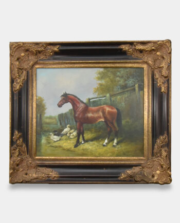 Obraz Olejny w Czarno-Złotej Ramie Koń i Kaczki
