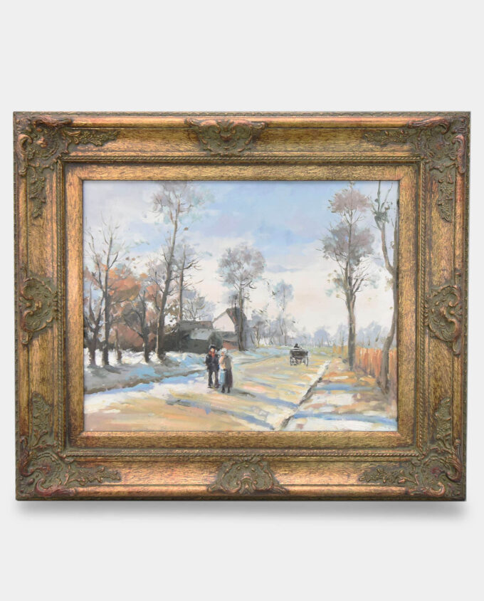 Obraz Olejny w Złotej Ramie Wieś podczas Zimy