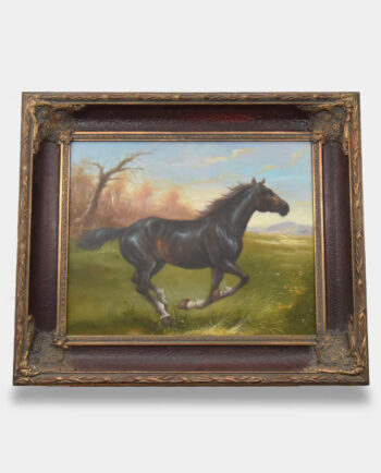 Obraz Olejny w Czarno-Złotej Ramie Galopujący Czarny Koń