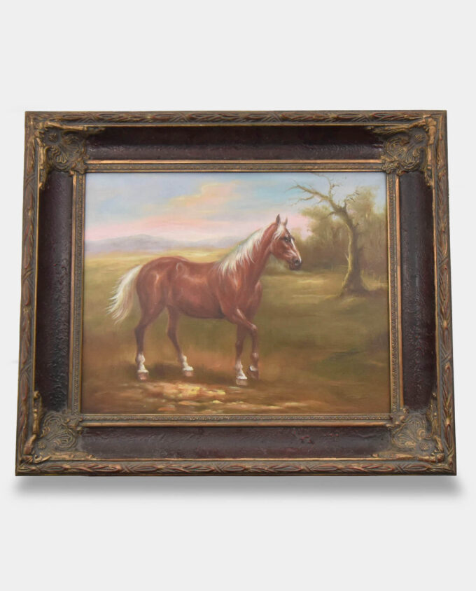 Obraz Olejny w Czarno-Złotej Ramie Brązowy Koń