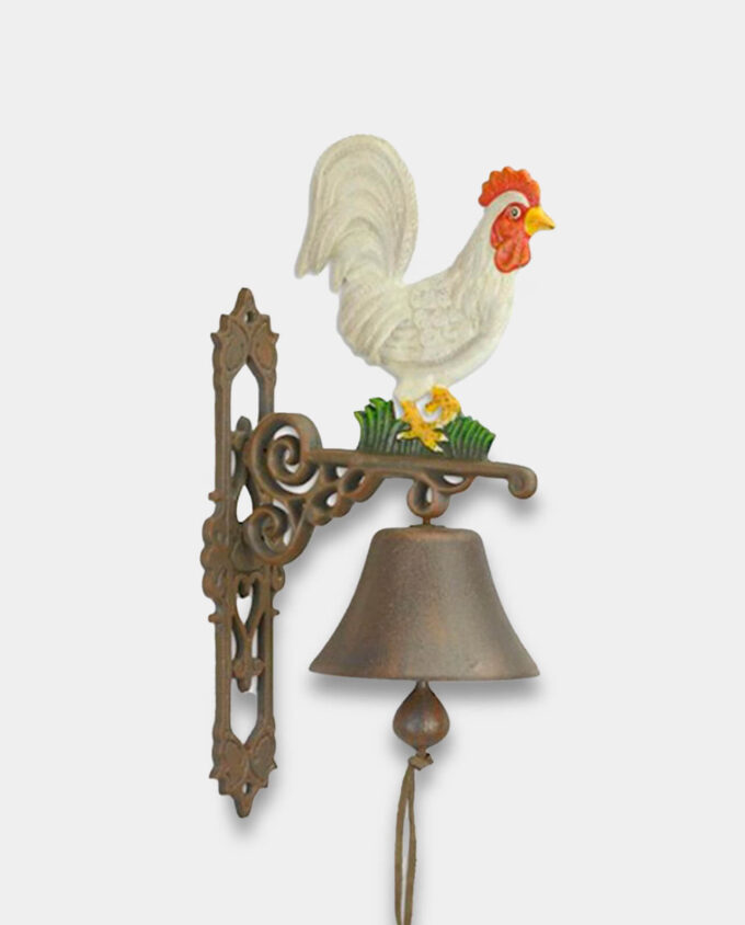 Żeliwny Dzwonek Ścienny z Dużym Białym Kogutem do Domu lub Ogrodu