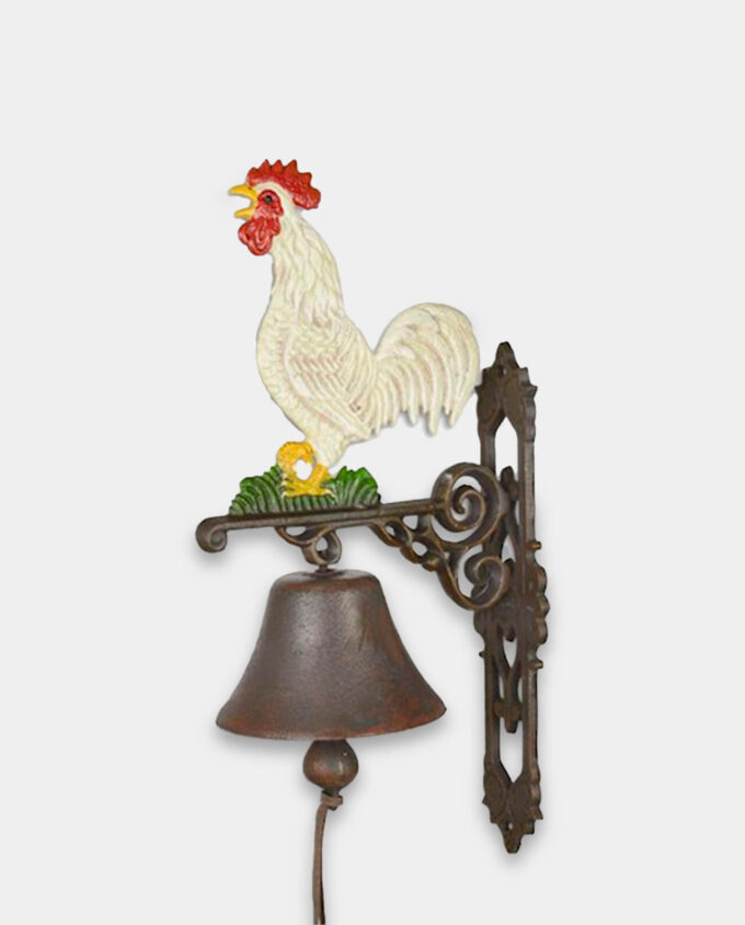 Żeliwny Dzwonek Ścienny z Białym Kogutem do Domu lub Ogrodu