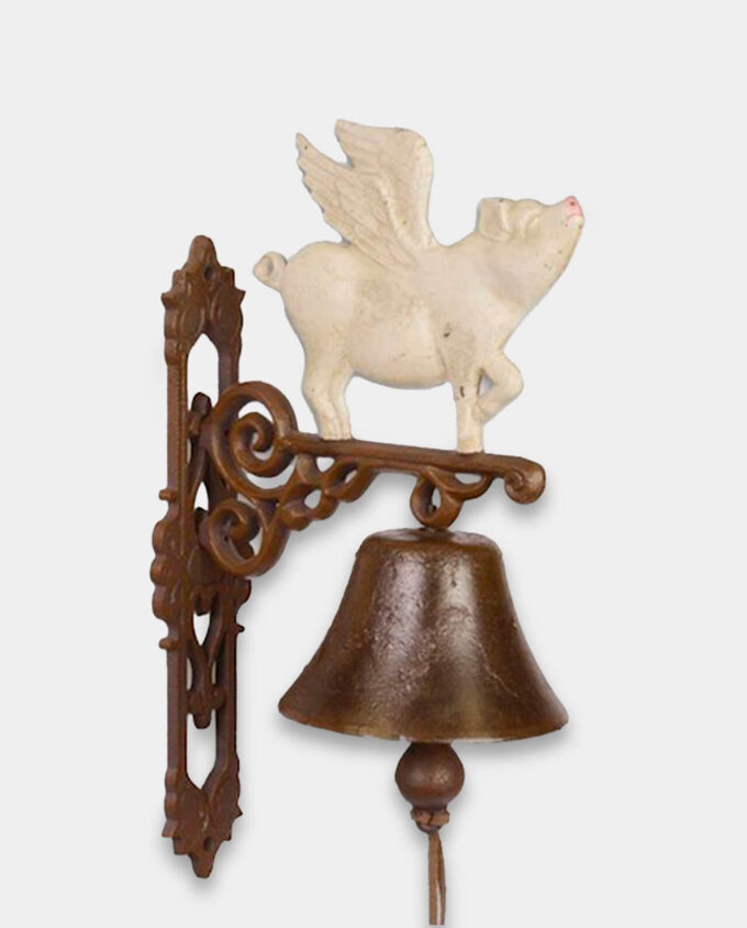 Żeliwny Dzwonek Ścienny z Świnią ze Skrzydłami do Domu lub Ogrodu