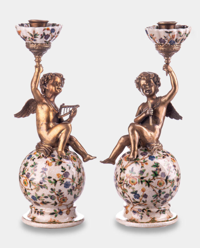 Porcelanowe Kuliste Świeczniki z Aniołkami z Brązu